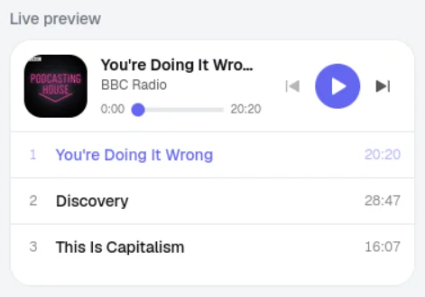 Widget player preview with cover art, track list, and playback controls