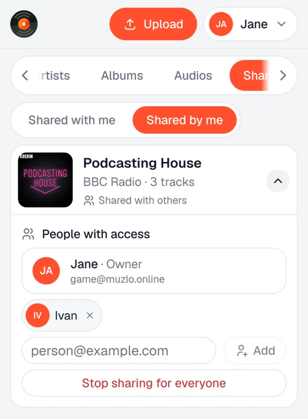 The Shared page on the Shared by me tab, with the people list expanded