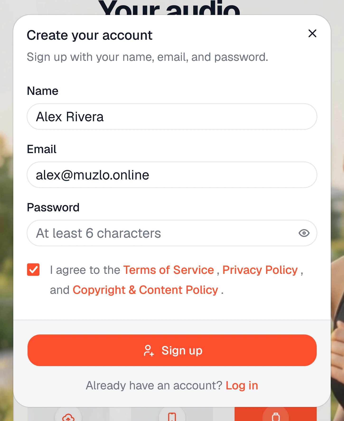 Sign up / Log in screen 1
